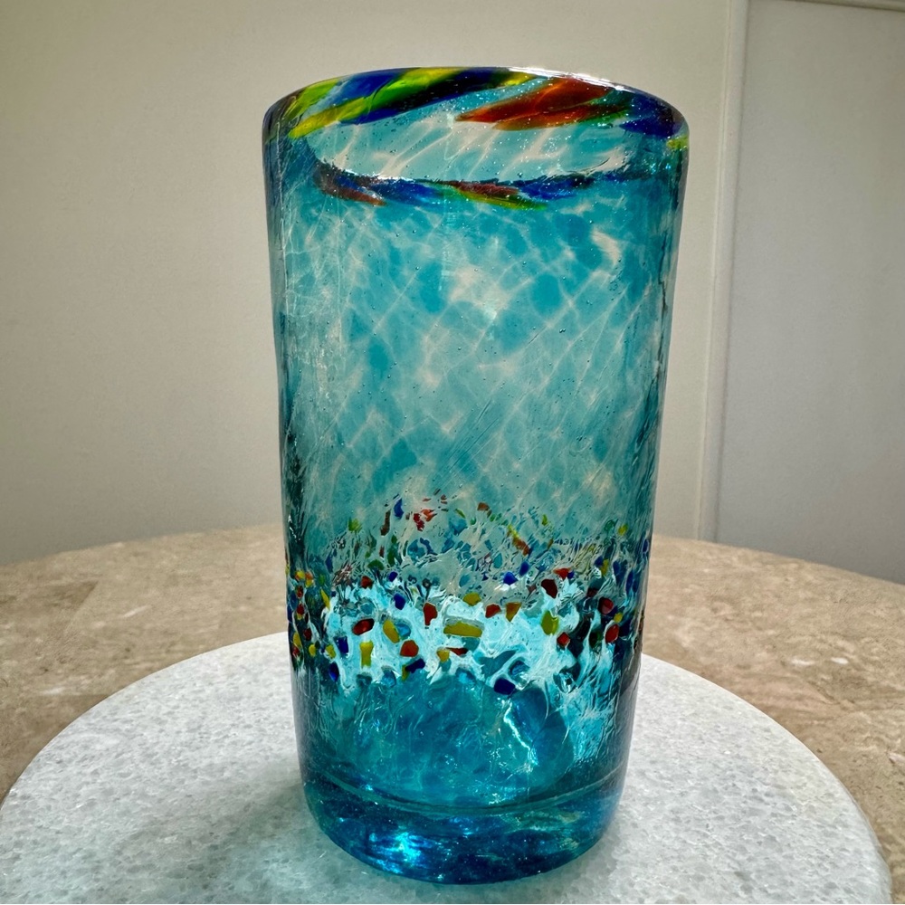Handblown Turquoise Aqua Multicolored Confetti Swirl Rim Art Glass Tumblers 6.2”